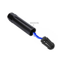 Load image into Gallery viewer, A black cylindrical key or adapter shown on a white background, with a blue arrow and the text 'Spline Drive Key' indicating how a wheel nut fits into the opening of the key socket. A separate black spline key is shown above it